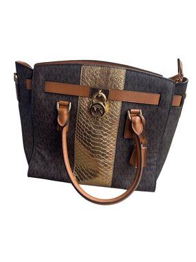 Michael Kors Brown & Gold Monogram Tote Bag With Leather Trim & MK Charm